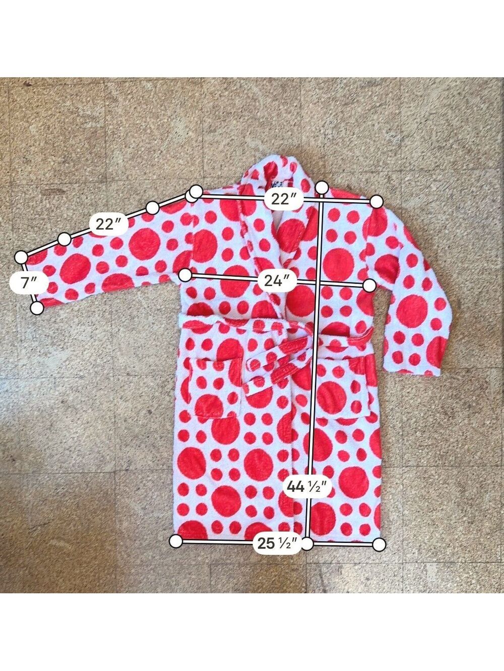 Dusen Dusen Wingdings Polka Dot Bathrobe Red White Cotton Terry Robe Pockets Spa - Picture 4 of 4